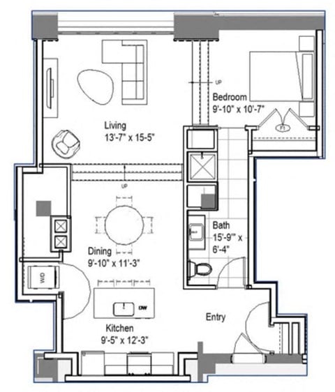 Floor plan for 1 bed, 1 bath, 779 sqft